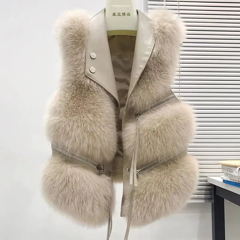 Autumn Winter Splicing Imitation Fox Fur Grass Vest Women Short Jacket 2025New Fashion Versatile Sleeveless Lady Waistcoat Coat Main image