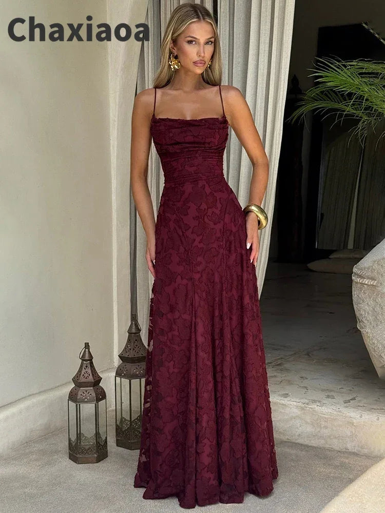 Chaxiaoa Spaghetti Strap Backless Sexy Maxi Dress Women Gown Fashion Off-shoulder Sleeveless Lace-up Evening Club Party Dress