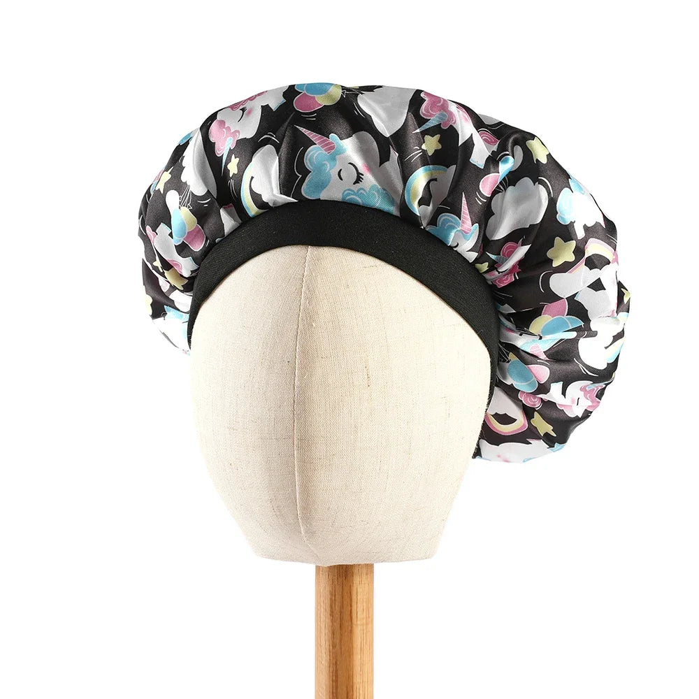 New Baby Unicorn Cartoon Print Satin Night Sleep Cap Elastic Wide Band Bonnet Hair Cover Hat Beanie Salon Bath Spa Shower Caps