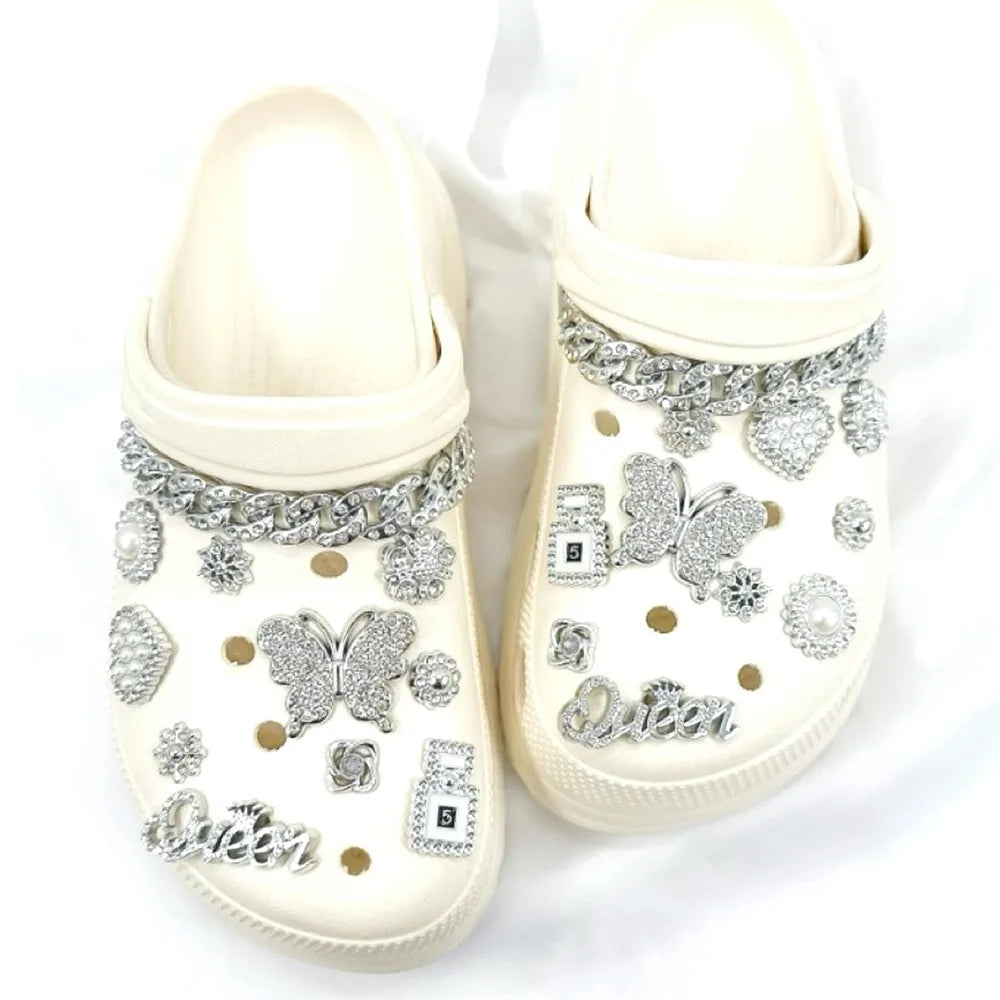 20PCS Shoe Charms Luxury Set Silver Butterfly Queen Diamond Chain Shoe Decorations Buckle for Sandals Clogs DIY Accessories Gift