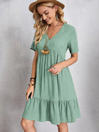 Elegant Solid V Neck A Line Dress 2024 New Summer Ruffles Loose Mini Dress Casual Short Sleeve Beach Party Vestidos Streetwear