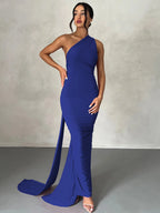 Dulzura One Shoulder Backless Ruched Slim Ribbon Long Dress Women Solid Sexy Elegant Dress Evening Party Club Prom Summer Outfit