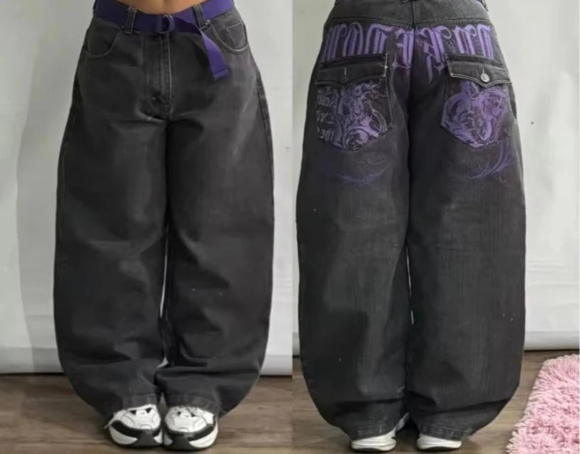 American New Fashion Oversized Letter Printing Black Washed Jeans Ladies Y2K Popular Casual Joker Loose Wide-leg Mop Pants