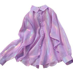 Rainbow Loose Women Tops Shirts Colors Glossy Thin Blouse Fashion Korean Long Sleeve Summer Beach Cute Ladies Tops Summer Casual