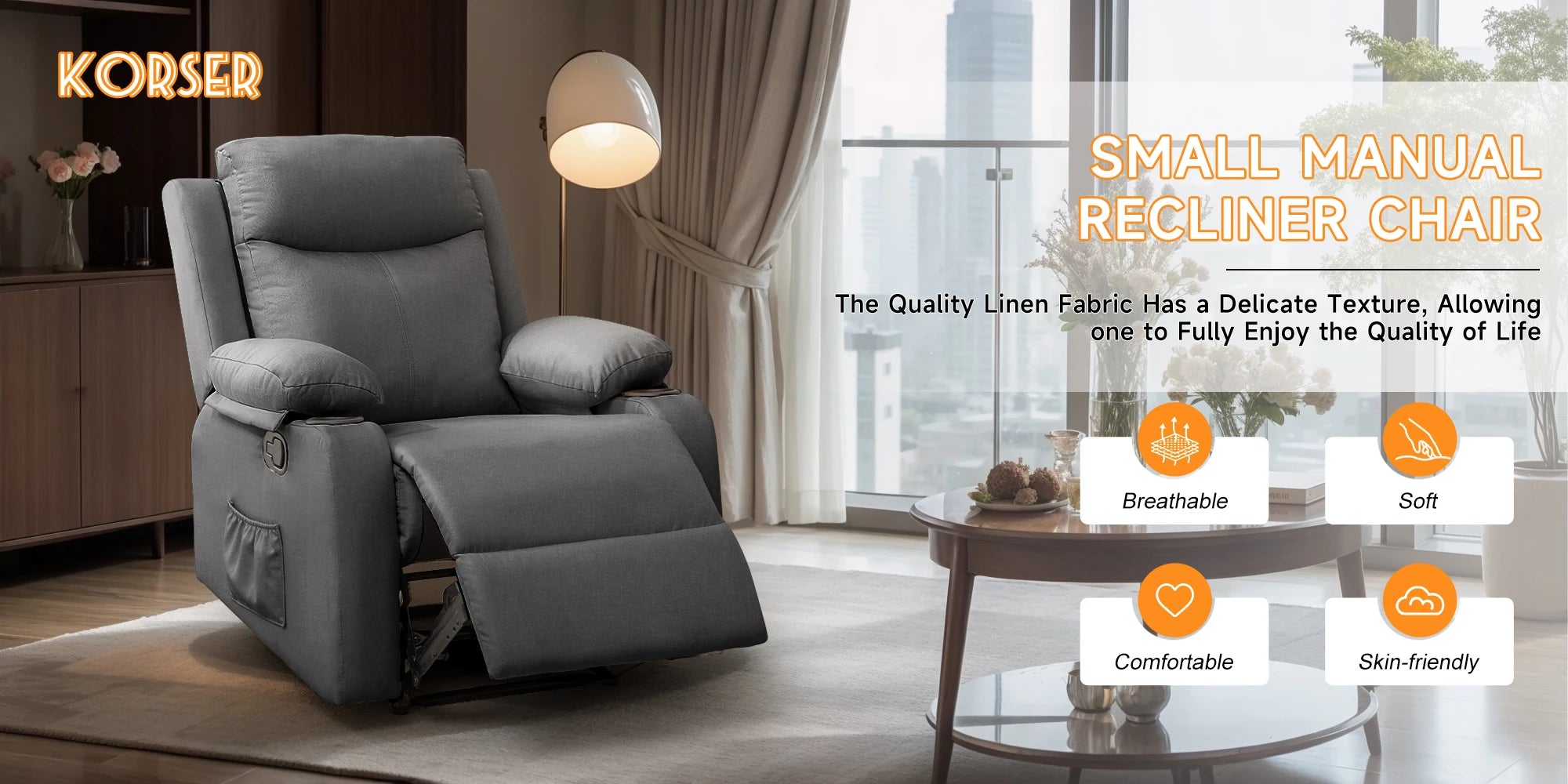 Korser Small Recliners for Small Spaces, Reclining Manual Chair with Cup Holders and Side Pockets  for Living Room, Bedroom