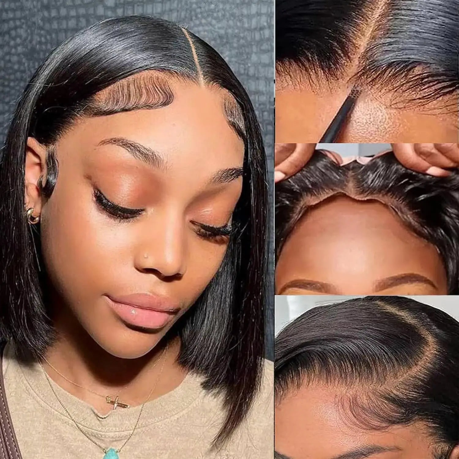 Put on and Go Glueless Wig Human Hair Pre Plucked Pre Cut Lace Bleached Knots Straight Short Bob Wigs Human Hair For Black Women Secondary image