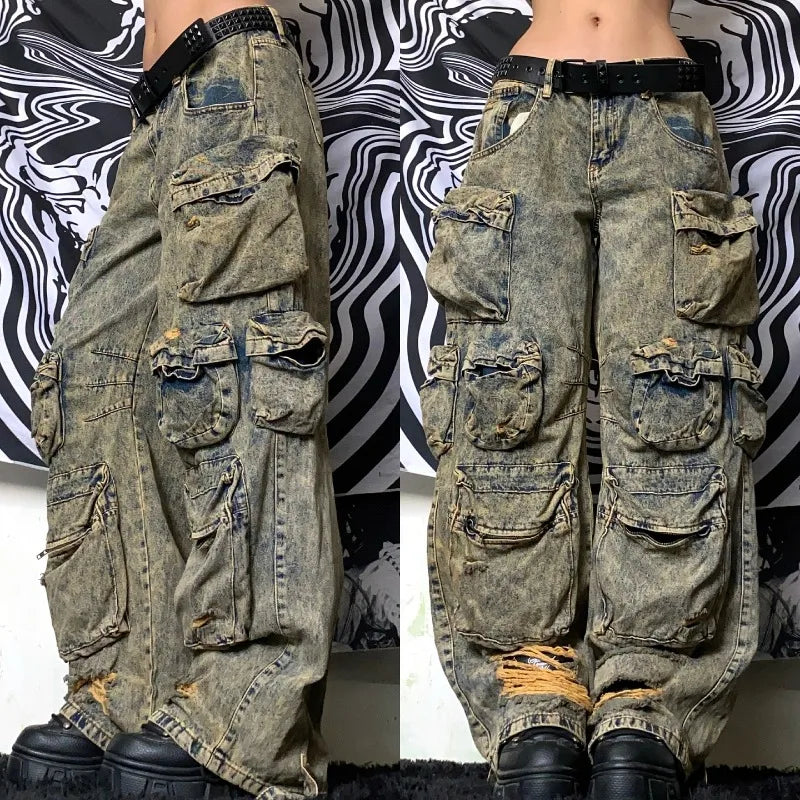 Gothic New Fashion Heavy Industry Washing Equipment Multi-pocket Jean Women Y2K Rock Popular Hiphop High Waist Wide-leg Trousers Main image