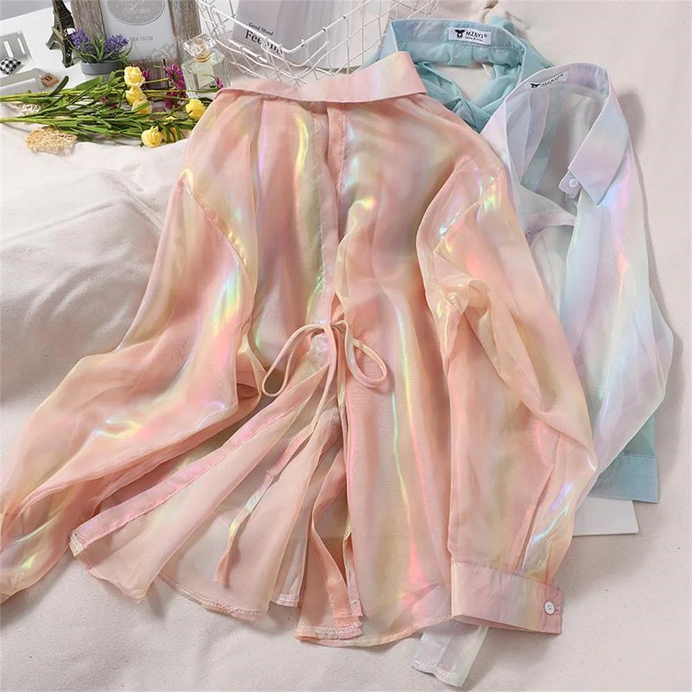 Rainbow Loose Women Tops Shirts Colors Glossy Thin Blouse Fashion Korean Long Sleeve Summer Beach Cute Ladies Tops Summer Casual