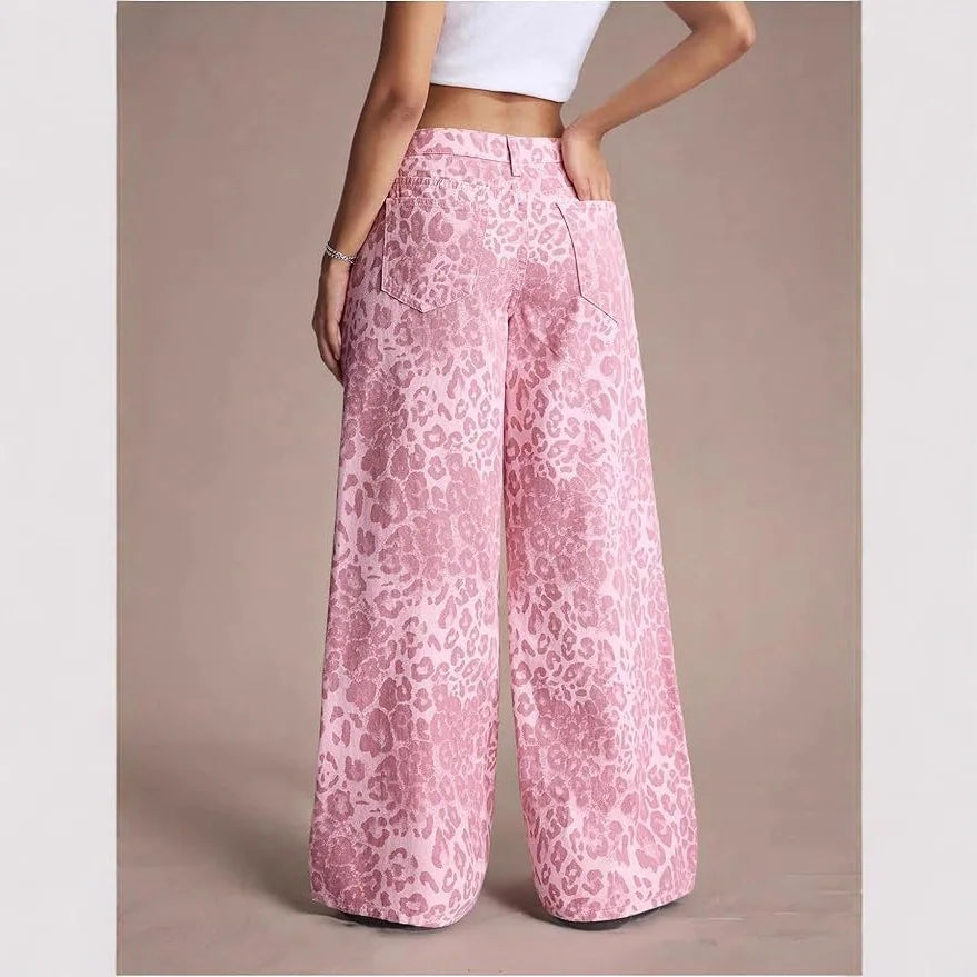 2026 New Pink Women's Jeans, Female Leopard-Print Pants for Spring and Fall.
