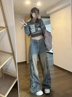 Female Jean Spliced Pockets Cargo Pants Washed Denim High Waist Full Length Jeans Loose Solid Basics Patchwork Distressed
