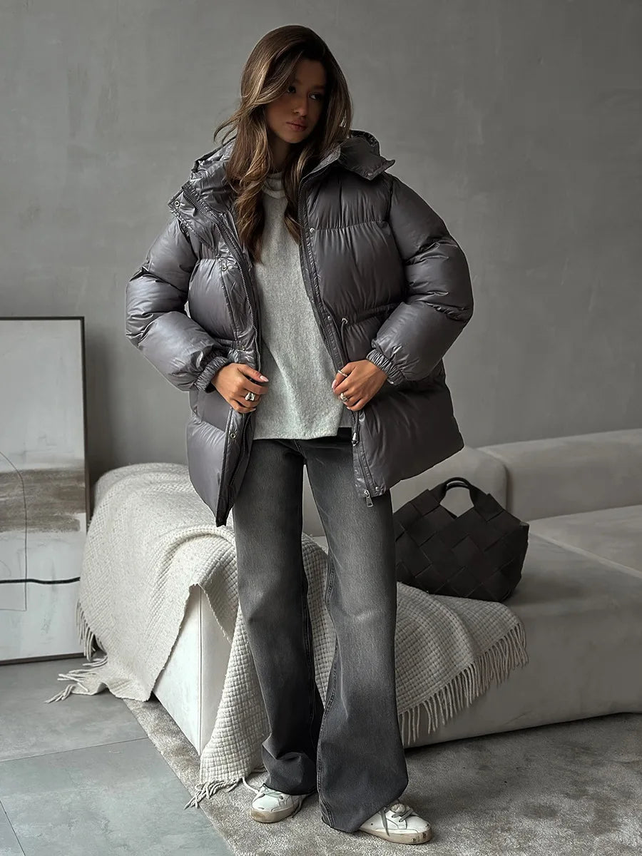 Bornladies Drawstring Slim Fit Cotton Jacket Women's  Winter New Hooded Zipper Cotton Robe Comfortable Warm Bread Jacket