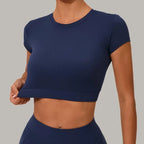 Gym Workout Yoga Fitness Sports Suit Short-sleeved Top Padded-free High-waisted Hip-lifting Trousers Outdoors Leisure Sportswear