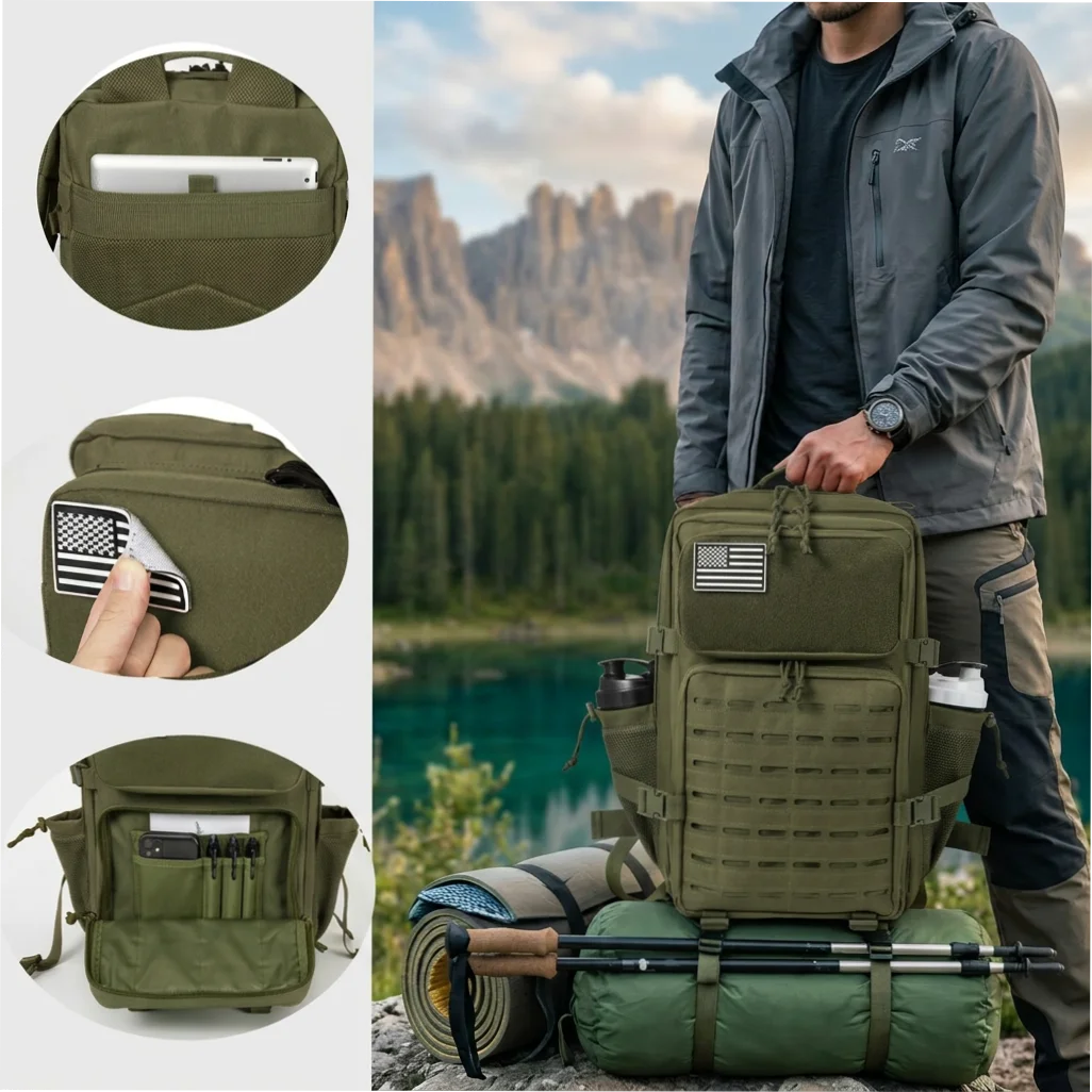 45L Large Capacity Tactical Hunting Backpack For Men With MOLLE Webbing System Dual Cup Holders Outdoor Survival Hiking Camping Rucksack For Wilderness Trip Travel Daily Work Commute Outdoor Camping Activities Gear Storage Ba