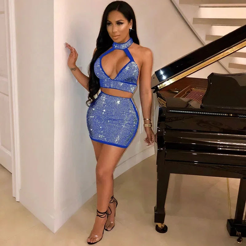 Sparkly Rhinestones Party Club Birthday Outfits for Women Two Piece Set Halter V-neck Crop Top and Mini Skirt Matching Sets Secondary image
