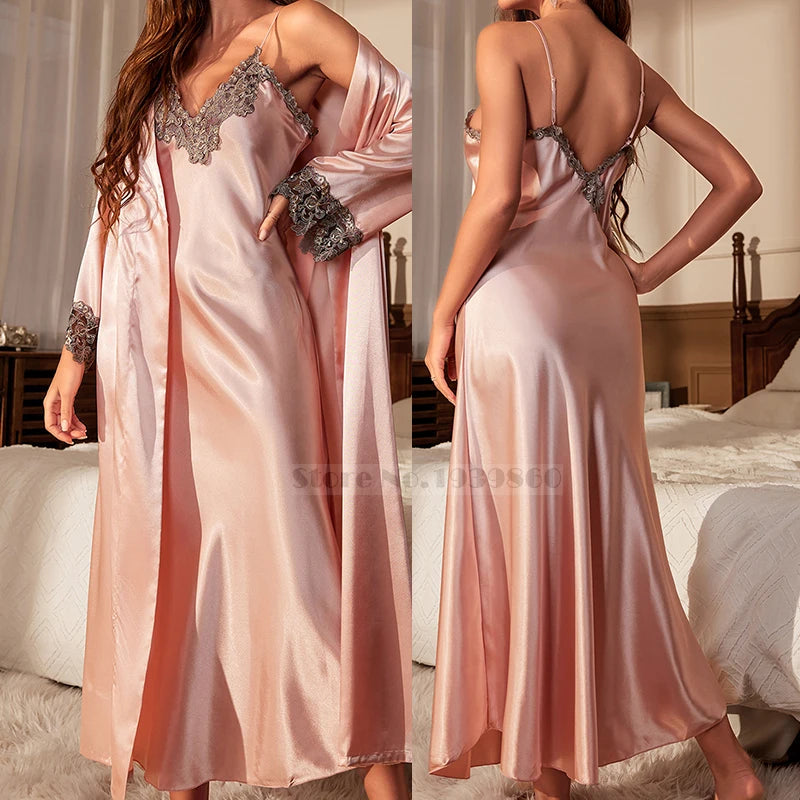 Female Long Twinset Robe Set Nightgown Spring Summer Kimono Bathrobe Gown Sexy Lace Trim Nightdress Satin Home Wear Loungewear Main image