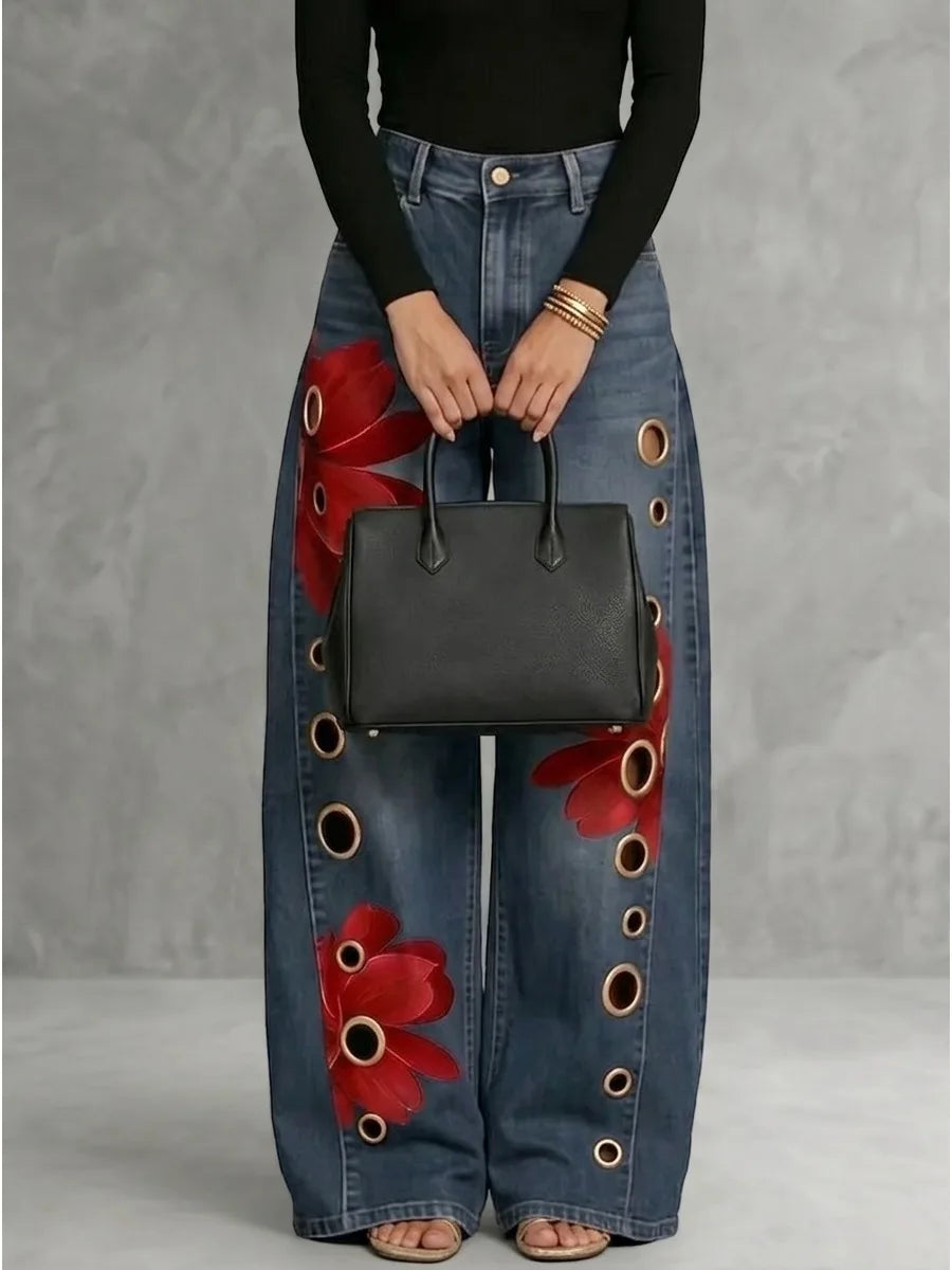 Freeacy Women's Vintage Blue Denim Wide Leg Jeans Red Flower Printed Metal Ring Hollow Out Loose Full Length Trousers Pants