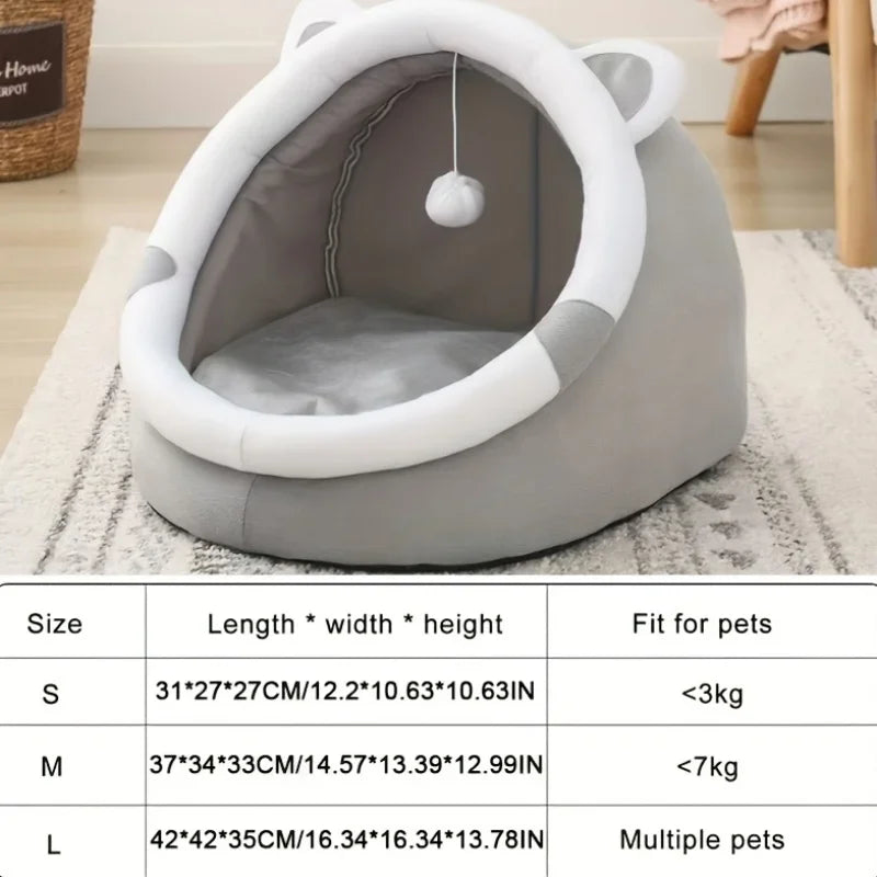 1 Comfortable Cartoon Cat House with Removable Pad, Modern Style Pet Bed Cave, Indoor Plush House Bed with Pompom Secondary image
