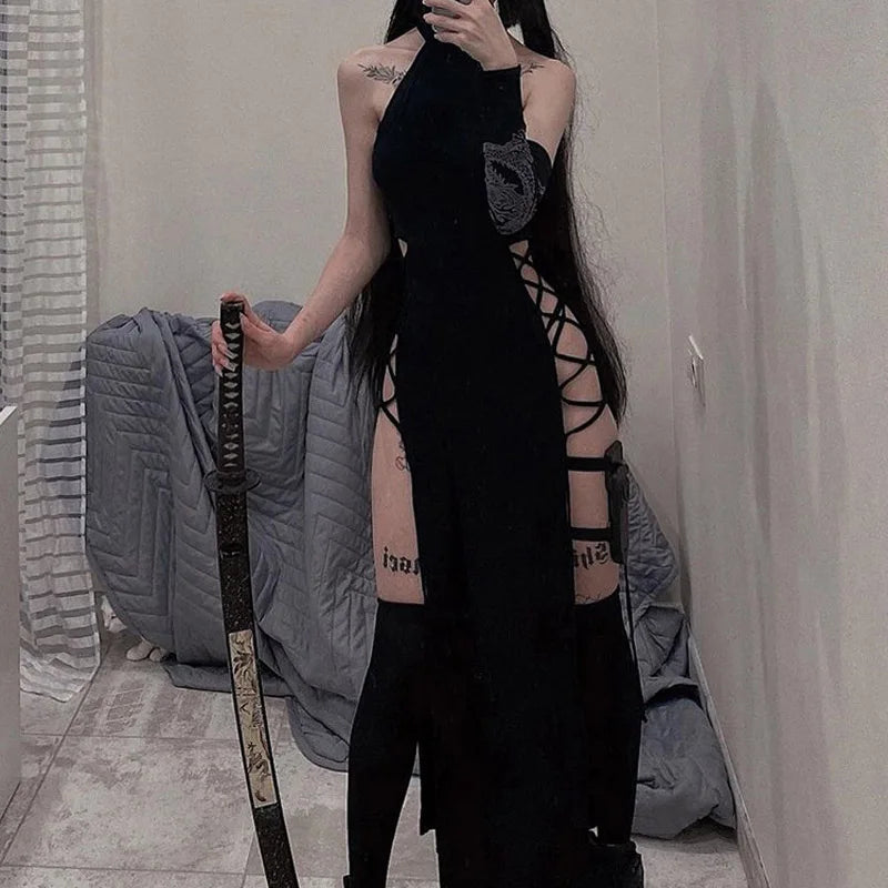 Goth Dark Cosplay High Split Sexy Bandage Women Dresses Y2K Mall Gothic Halter Slim Midi Dress Black Grunge Style Alt Partywear