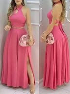Women's Pink Two Piece Set Halter Collar Crop Top Split Maxi Skirt Ideal for Evening Parties Summer Weddings Chic Outings