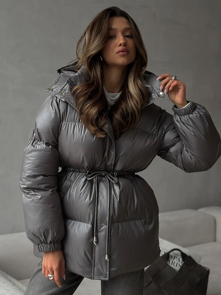 Bornladies Drawstring Slim Fit Cotton Jacket Women's  Winter New Hooded Zipper Cotton Robe Comfortable Warm Bread Jacket