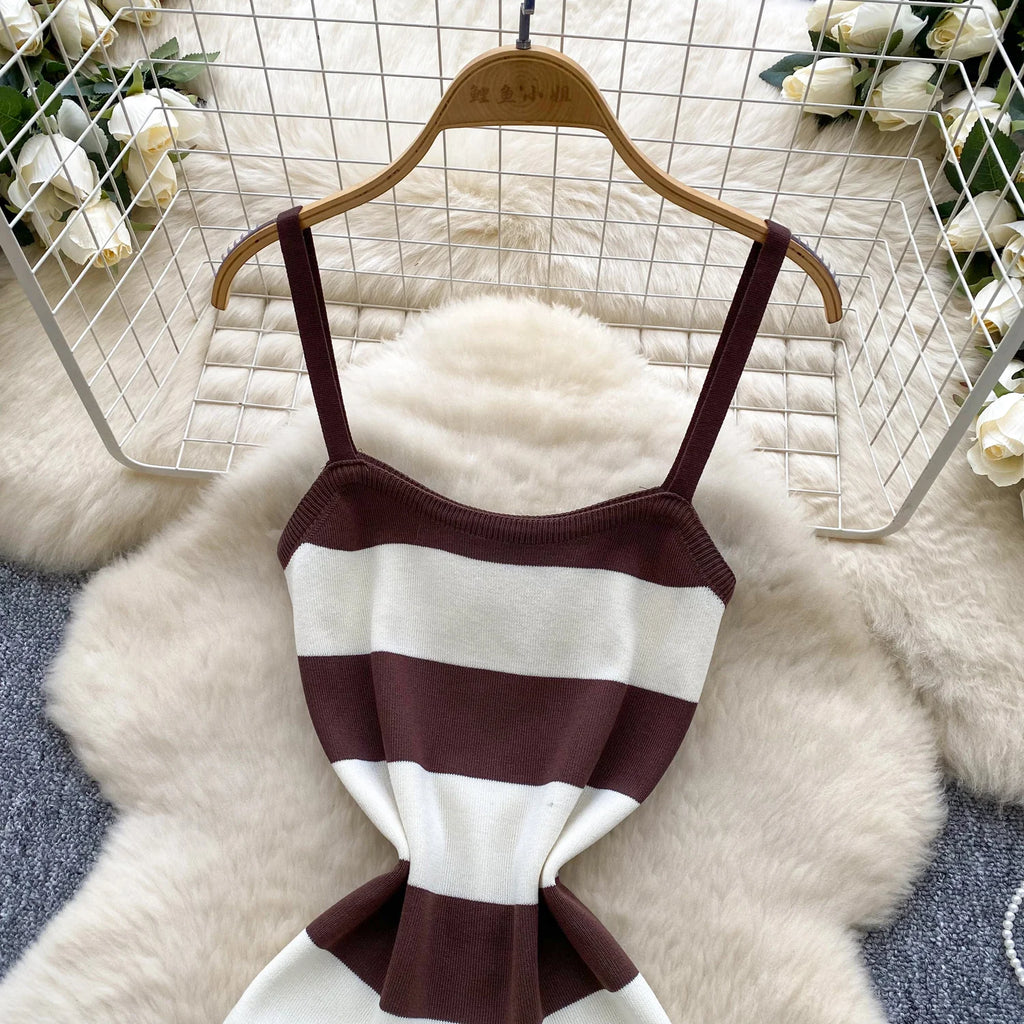 Lady New Stripes Ins Fashion Sexy Package Hips Bodycon Dress  Summer Knitted Spaghetti Straps Outfits Maxi Long Women Dress
