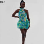HLJ Sexy Mesh Ruched Patchwork Bodycon Dresses Women Cake Gradient Halter Backless Dress Female Streetwear Vestidos Summer New