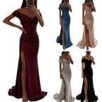 2026 Elegant Off-shoulder Gown Dress V-Neck Sequin Pleated Short Sleeve Waist Tight Maxi Dress Split Evening Party Prom Dress