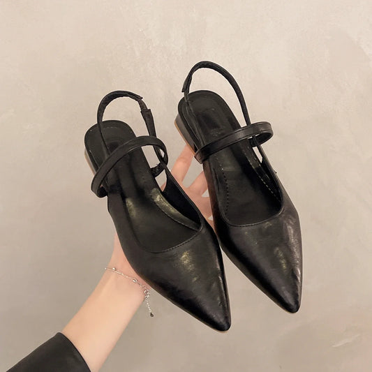 New Women Baotou Patent Leather One Line Buckle Strap Cat Heel Sandals Female Sexy Black Silk Pointed Thin Heel Flat Shoes