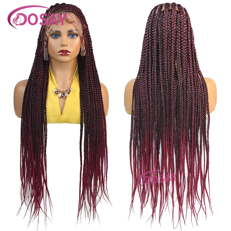 36'' Burgundy Full Lace Braided Wigs Synthetic Knotless Cornrow Heart Braid Wig For Women Box Braids Wig