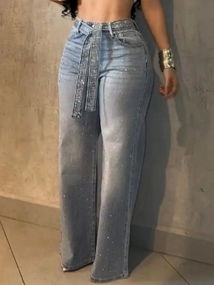 2026 Women Jeans Straight Diamonds Pants Y2k Streetwear Elegant High Waist Washed Belt Loose Wide Leg Denim Trousers Bottoms