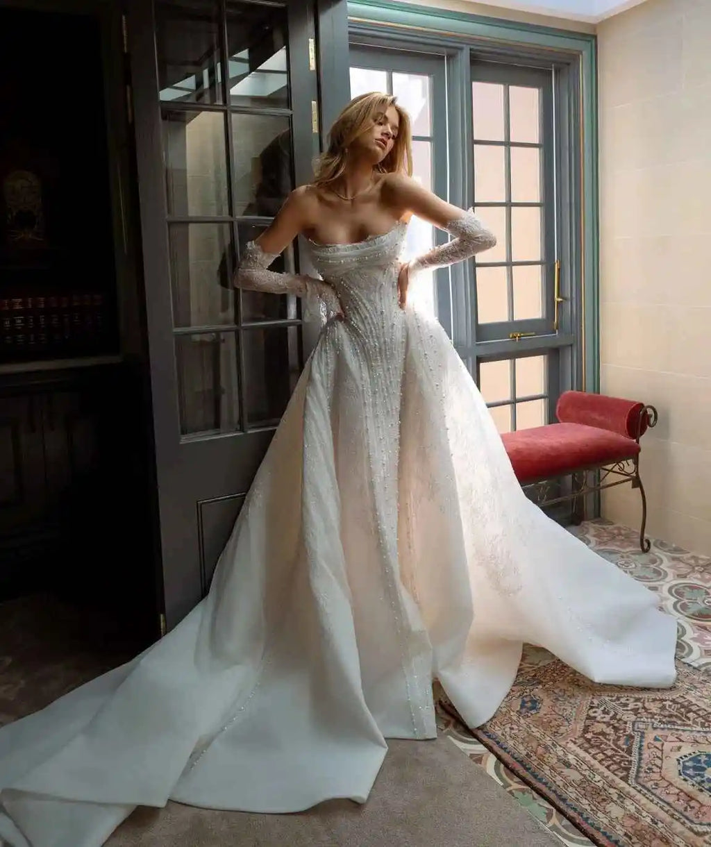Crystal Mermaid Gown Wedding Dresses Strapless Appliques Evening Prom Dress Special Occasion Gowns Vestido De Noiva Customized