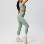 2PCS Woman Gym Sports Yoga Set Knitted Slim Workout Top Short Sleeve Quick Drying Legging Fitness Pants Running Sports Yoga Suit