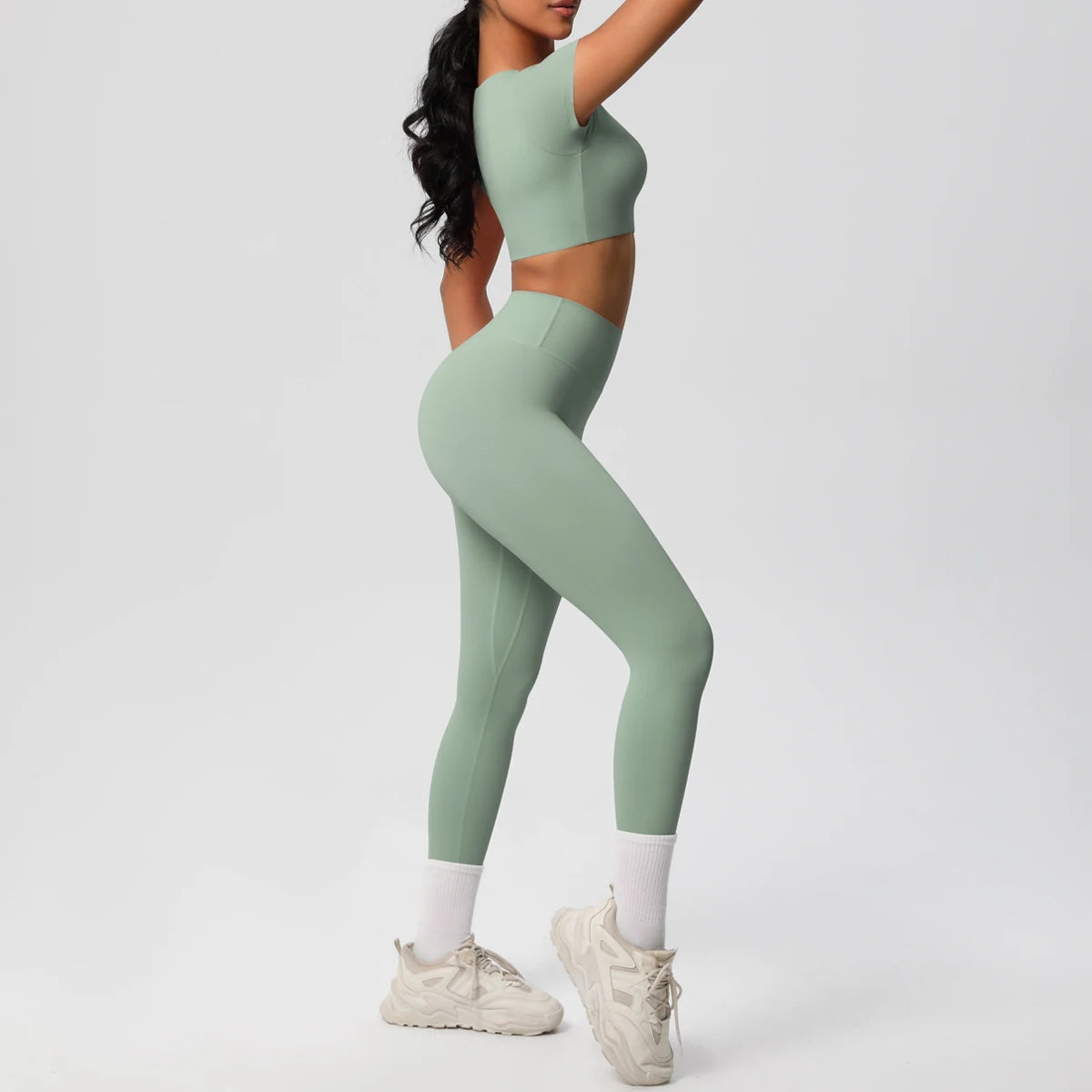 2PCS Woman Gym Sports Yoga Set Knitted Slim Workout Top Short Sleeve Quick Drying Legging Fitness Pants Running Sports Yoga Suit