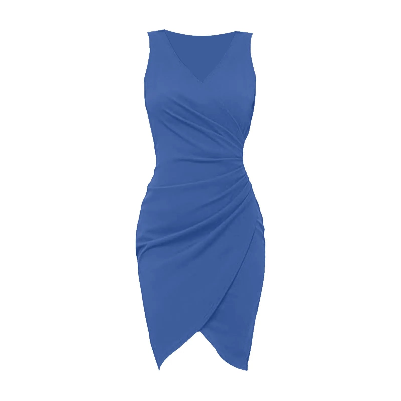 Summer Sexy Solid Sleeveless V-Neck Women Dress Hip Slim Fit Ruched Bodycon Skirt Fashion Simple Ladies Evening Party Dress