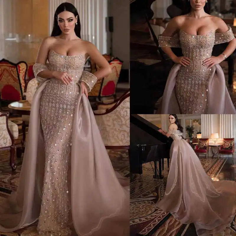 Classic Evening Dresses Mermaid Sleeveless Strapless Sequins Lace Up Floor Length Prom Dress Vestido De Noite Customized Main image