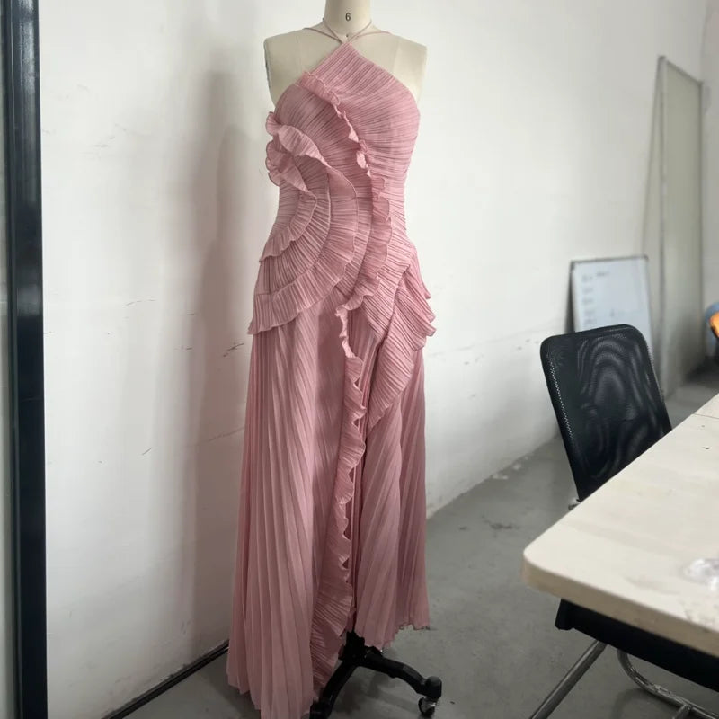 Chic Elegant Lotus Edge Maxi Dress Slim Fit Backless Lace Up Halter Robes Sleeveless Party Vestidos 2026 Nw Lady Vacation Gowns