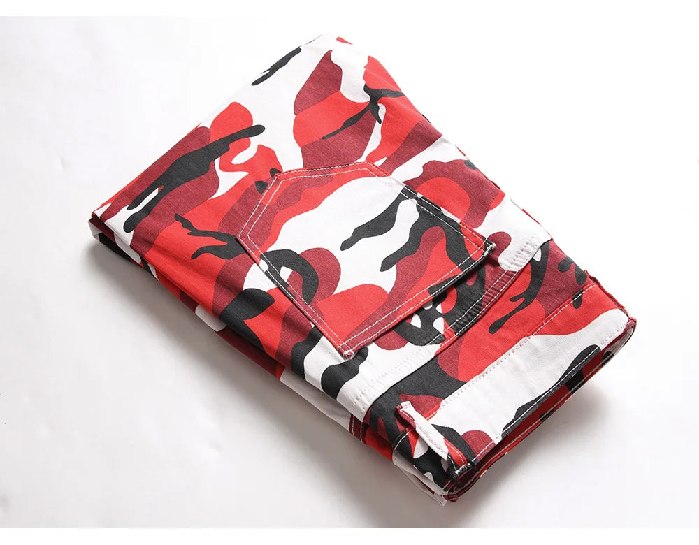 Men Red Camouflage Print Jeans Casual Slim Straight Pants Contrast Color Streetwear Trousers
