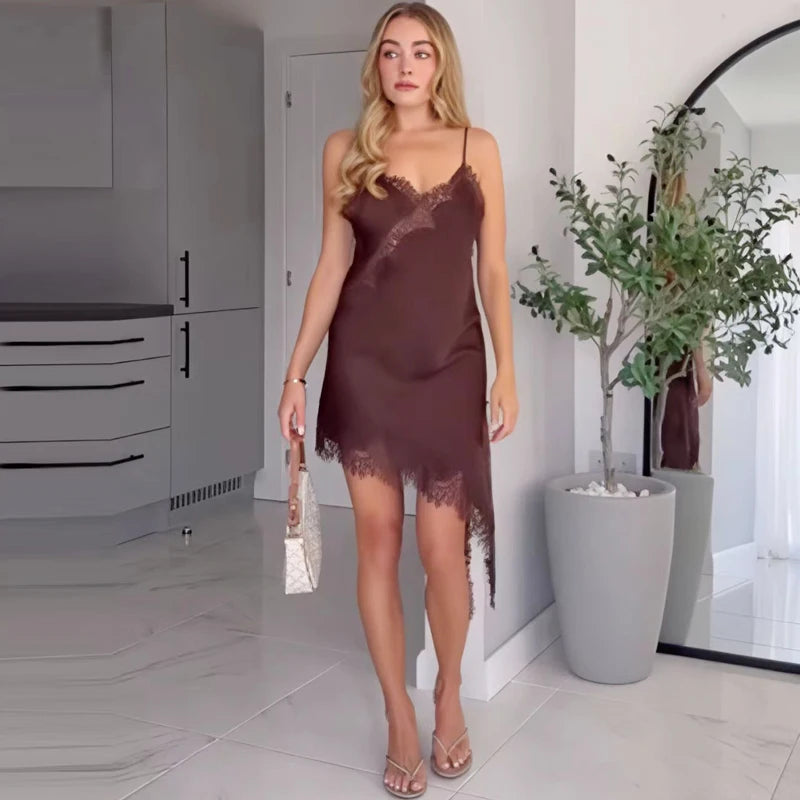 HXAO Womens Dresses Lace Asymmetric Slip Dress Summer 2026 Sexy Evening Dresses Ladies Mini Brown Sleeveless Backless Vestidos