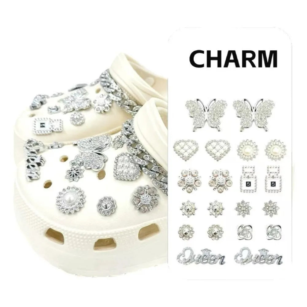 20PCS Shoe Charms Luxury Set Silver Butterfly Queen Diamond Chain Shoe Decorations Buckle for Sandals Clogs DIY Accessories Gift