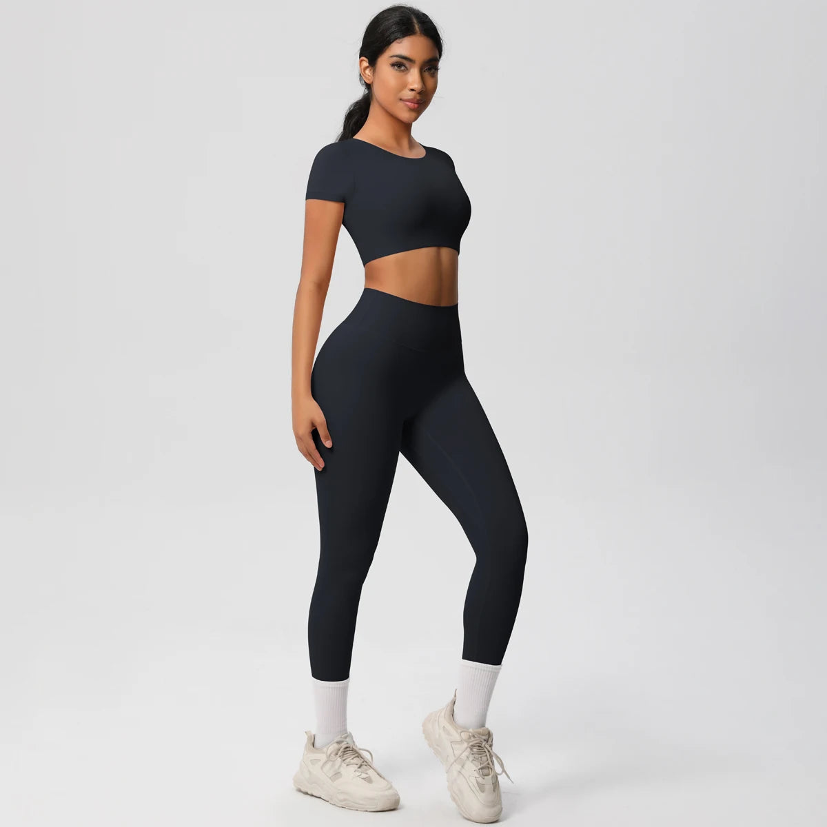 2PCS Woman Gym Sports Yoga Set Knitted Slim Workout Top Short Sleeve Quick Drying Legging Fitness Pants Running Sports Yoga Suit