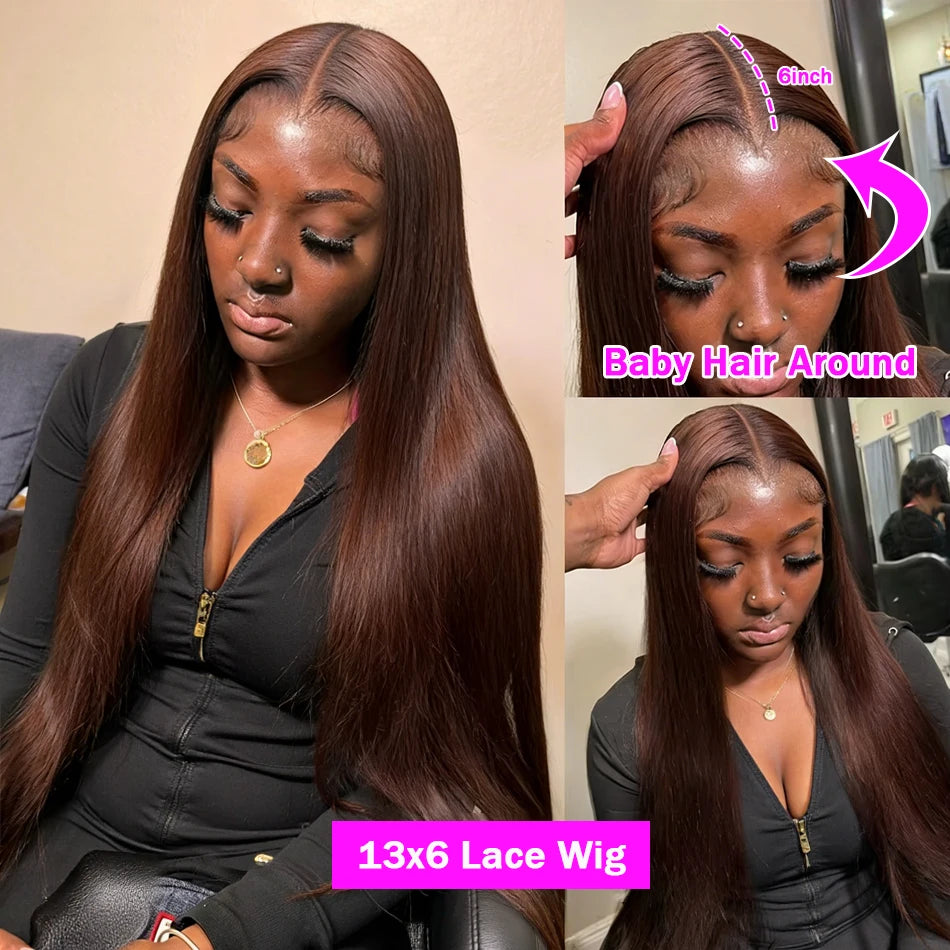 HD Chocolate Brown 13x4 Straight Lace Front Wig Brazilian 13x6 Full Lace Frontal Wigs For Women Remy Human Hair Wig Pre Plucked Secondary image