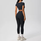 2PCS Woman Gym Sports Yoga Set Knitted Slim Workout Top Short Sleeve Quick Drying Legging Fitness Pants Running Sports Yoga Suit