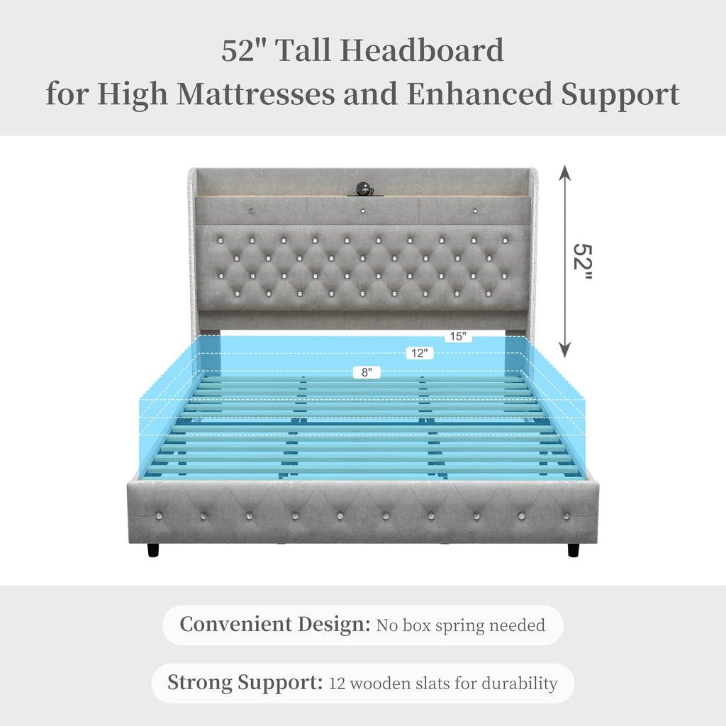 LED Bed Frame with Galaxy Star Projector, Platform Bed with Charging Station, 52" Wingback Storage Headboard, No Box Spring