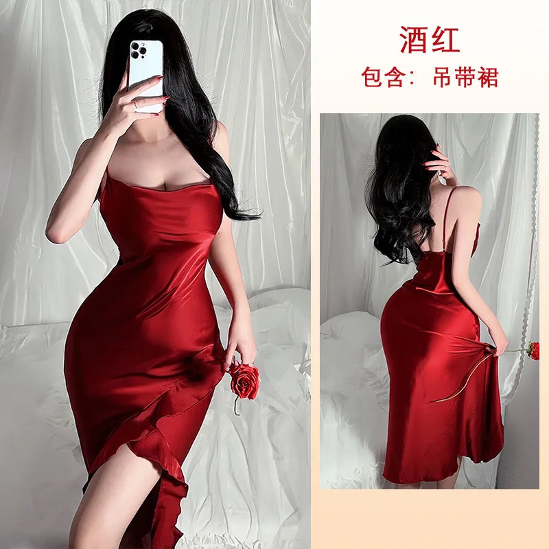 Red New Sling Sexy And Charming Ruffle Edge Bottom Split Smooth Surface Sleeveless Appear Thin Temperament Girl Long Dress 👗