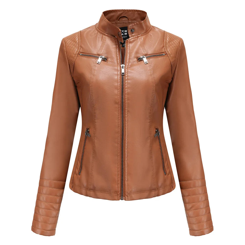 Women's Slim Leather Jacket, Stand-up Collar, Zipper Stitching, Monochromatic Coat, Fashion Clothing, New Main image