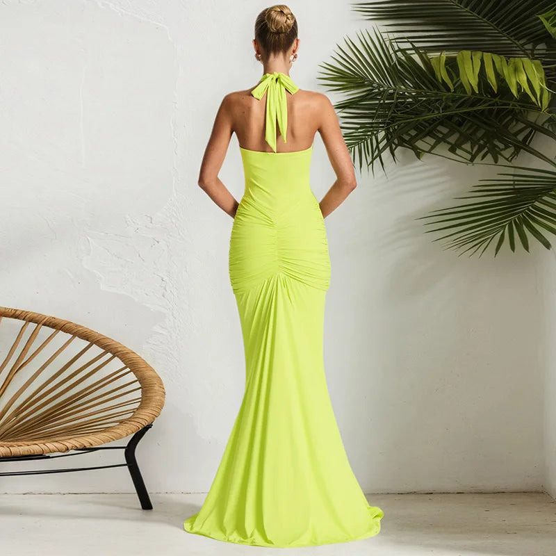 Sexy Deep V-neck Backless Halter Maxi Dresses Women's Sleeveless High Waist Bodycon Pleated Robe 2026 New Evening Party Gown