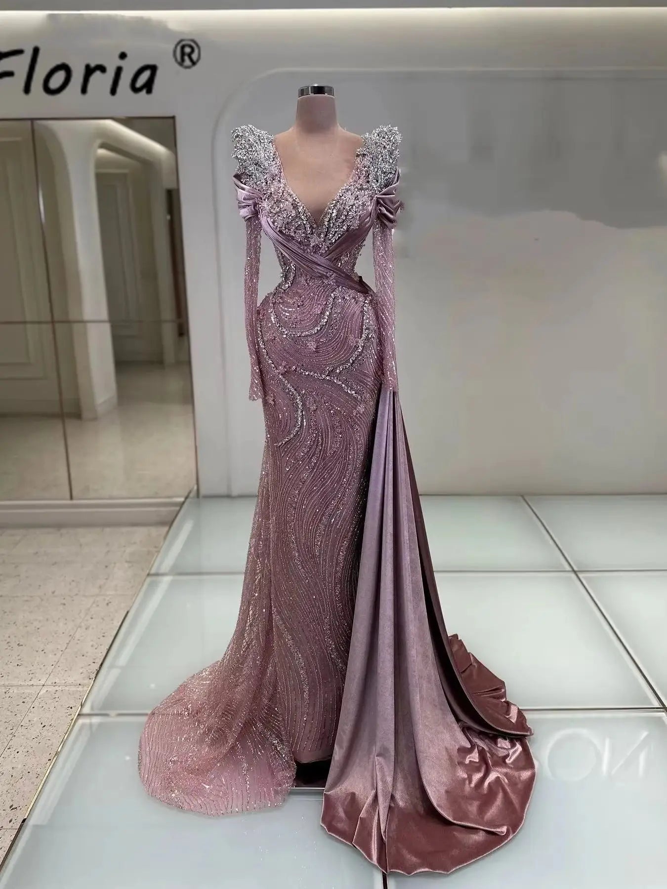 Modest Pink Evening Wedding Dresses Arabia Beaded Crystal Mermaid Prom Gowns Customized Formal Dress Elegant Gala Robe Soiree Main image