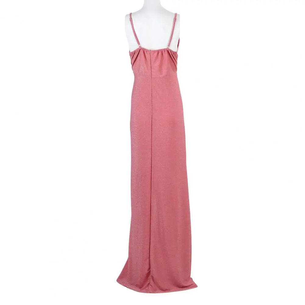Women Evening Dress Spaghetti Strap Shiny Sequin Off Shoulder Sleeveless Low-cut High Split Loose Floor Length Women Prom Dress