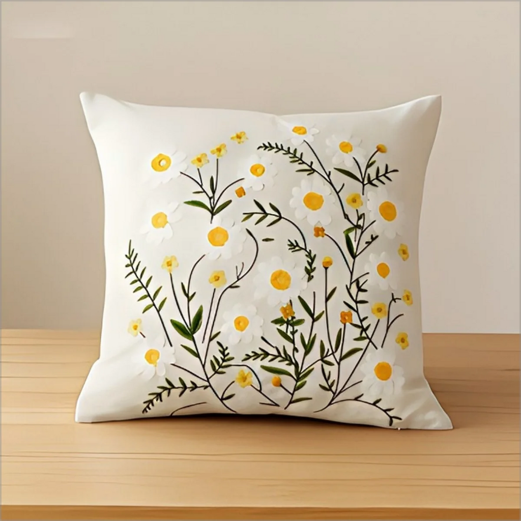 Double Sided Embroidered Daisy Pillow Cover Cute White Yellow Wildflower Print Soft Boho Throw Pillow Case for Spring Home Decor