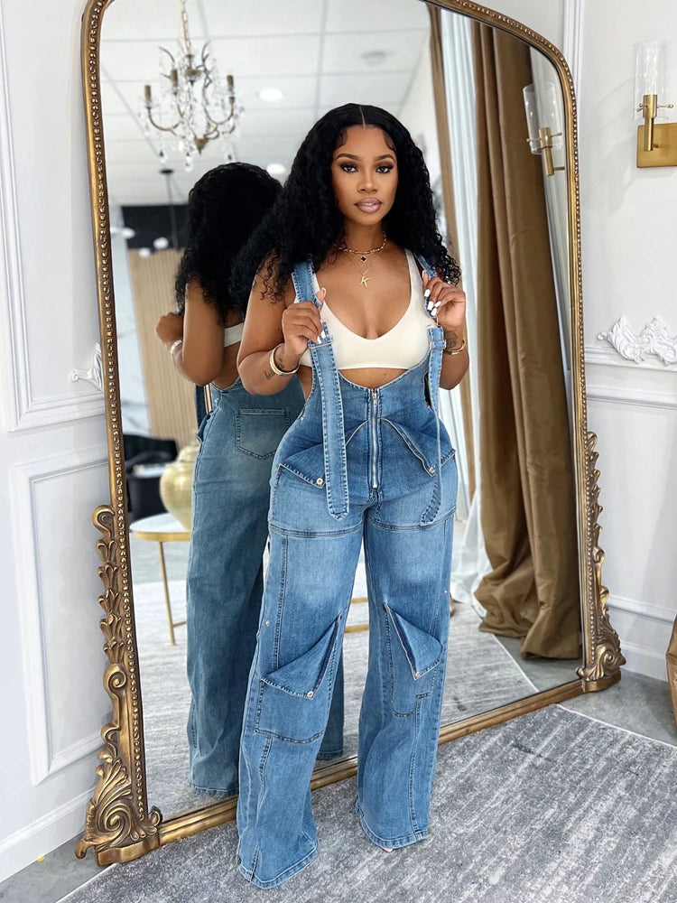 Summer Fashion Loose High Waisted Zip Denim Overalls Women Clothes Multi Pockets Cargo Jeans Trousers Casual Wide Leg Jumpsuits Secondary image